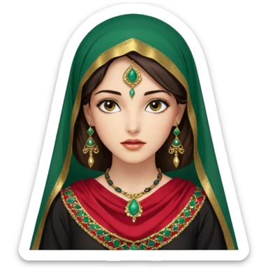 Mujer joven, morena, de gran belleza y porte misterioso.
 mirada intensa y fija; labios marcados.
 Negro, largo, suele ir cubierto parcialmente por un velo
 Ropa de inspiración árabe: túnica colorida (rojo, dorado, verde esmeralda), con detalles dorados o lentejuelas; brazaletes y pendientes. sticker