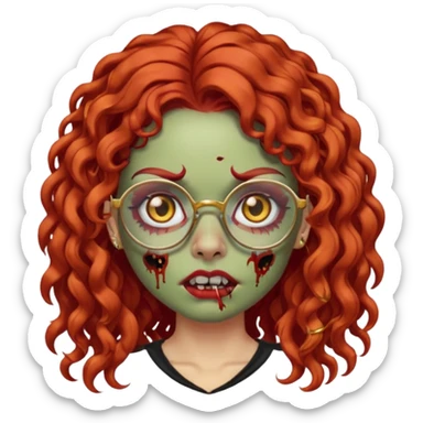 zombie girl emoji with long red curly hair, thick lashes, black glasses, gold nose piercings on each nostril, and a gold eyebrow piercing. sticker