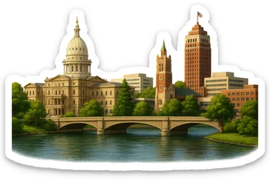 cinematic realistic emoji of Lansing Michigan wide city view with iconic landmarks Michigan State Capitol Michigan State University campus Boji Tower Grand River lifelike detail accurate colors bright daytime lighting no sky no clouds no city name label sticker