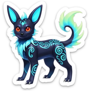 Shiny Fiery Dark Ugly Evil Realistic Glowing Eldritch Horror Cool Edgy Badass Emo Glorious Demonic Batty Punky Aural Iridescent Fluorescent Bioluminescent Umbreon-Amaura-Salandit-Litten-Flareon-Fakémon-fusion (full body) with intricate pattern markings sticker