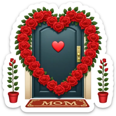 House door with heart-shaped wreath and welcome mat reading "Mom" sticker
