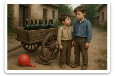 g'ildiragi singan ichimliklar ortilgan arava bir baloni singan uni yonida aka uka havotirli nigoh bilan bir biriga qarab turishibdi realistik qilib ber sticker