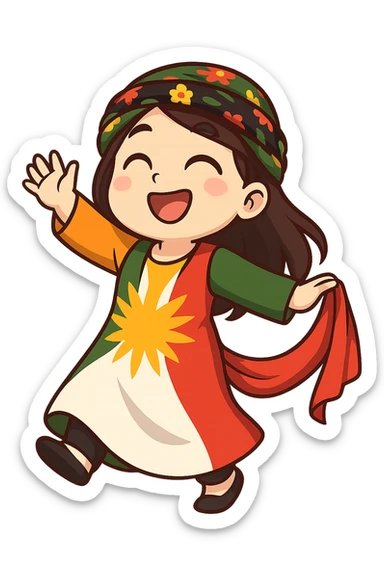 Create a colorful and cheerful Kurdish cartoon sticker in chibi style. Show the traditional Kurdish clothing and a dancing pose. The background should be transparent. Suitable for WhatsApp and Instagram. sticker