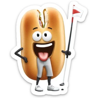 Man playing golf but the golf ball is a hot dog sticker