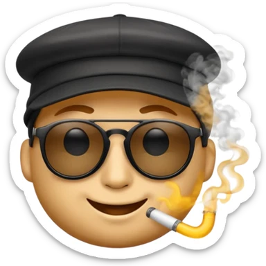 A high-res yellow face emoji with black sunglasses and a backwards black cap, smirking with half-lidded eyes and exhaling soft gray-white smoke, with detailed shading, glossy lenses, and realistic smoke wisps. sticker
