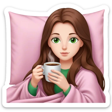 A pretty white girl with very long brown hair and green eyes in a light pink blanket sipping coffee sticker