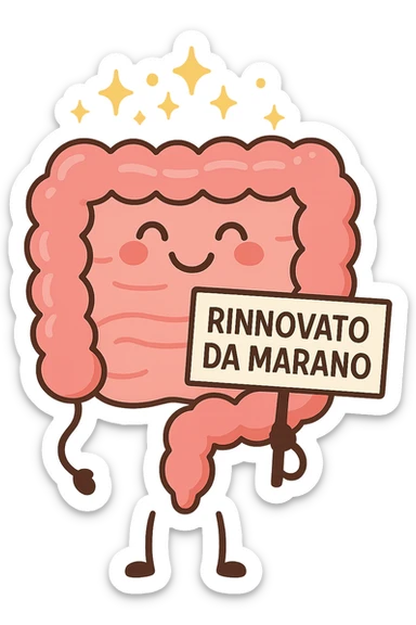 fammi un intestino identico a questo, ma felice e con le scintille di splendore dorate sopra, si sta rinnovando come se fosse in ottima salute, in mano ha un cartello con la scritta "RINNOVATO DA MARANO" sticker