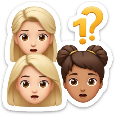 Surprised expression with exclamation mark, then three girl emojis in different hairstyles sticker