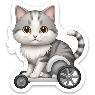 disabled grey and white small cat using a mobility wheel aide for cats sticker