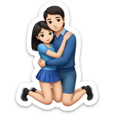 man with dark hair on knees, facing dark haired woman in a micro mini skirt, hugging her waist sticker