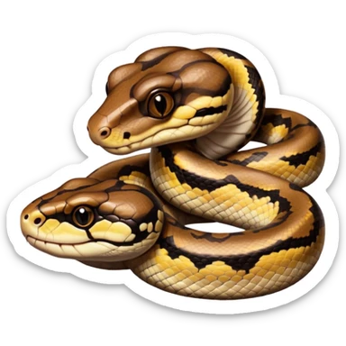 A photo-realistic digital illustration of a Ball Python, large headshot portrait. The snake has a short, rounded snout, smooth contours, and a calm, curious expression. Its head is warm brown with bold, irregular dark markings, including the signature “alien-head” pattern.  sticker