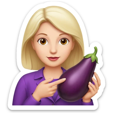 White woman holding an aubergine sticker