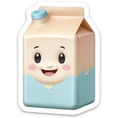 Cinematic adorable milk carton, soft pastel colors, tiny rounded edges, chubby smiling face, warm glowing highlights, gently tilting in a playful pose. sticker
