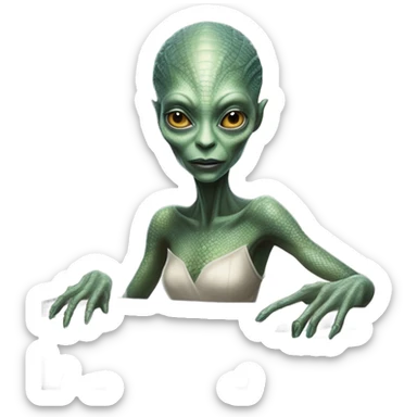 a Reptilian alien woman, play a piano sticker