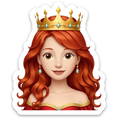 Red Haired Princess, Elegant Princess – long wavy red hair, gold crown, red-white gown, calm smile. sticker