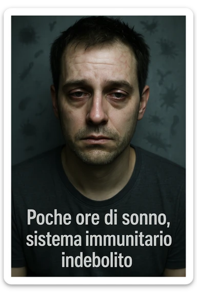 vertical realistic cinematic image of a man who sleeps few hours, with an already weak immune system that weakens further, visual elements of low immune defenses, clinical dramatic lighting, Italian captions, aspect ratio 2:3 sticker
