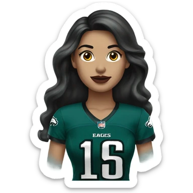 White female long dark hair red lips wearing Philadelphia Eagles jersey sticker