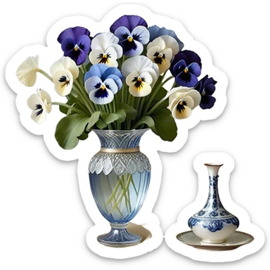A carefully arranged still life featuring a crystal vase filled with an enchanting mix of soft blue and creamy white pansies, their petals unfolding like miniature works of art. A string of pearls is casually draped beside the vase, reflecting a subtle iridescence under candlelight. The backdrop is a hand-painted silk fabric in gentle shades of pearl and ivory, its smooth texture enhancing the refined beauty of the floral display sticker