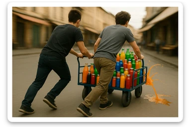 endi shu aravani bir balonchasi singan ko'rinishda va aka uka uning yonida turganini tasvirla yuzlari ko'rinmasin sticker