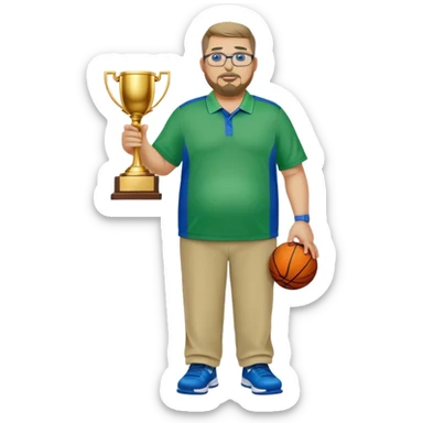  full body white obese male basketball coach with trophy. Goatee , Wearing glasses and blue and green nike polo shirt and khaki pants sticker
