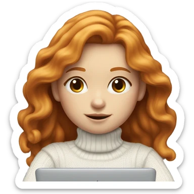 ginger girl with wavy long hair and blue eyes in turtle neck white sweater working on a laptop sticker