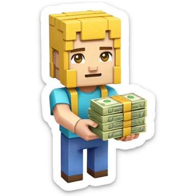emoji style icon, minecraft blocky character holding a stack of money, pixel art style, bright colors, simple background, 3D glossy emoji, centered composition, soft shadow, high detail, clean outline, white background sticker