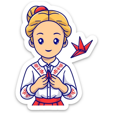 Ukrainian young girl with blonde braided hair wearing a white traditional embroidered shirt (vyshyvanka) holding a red origami paper crane in her hands sticker