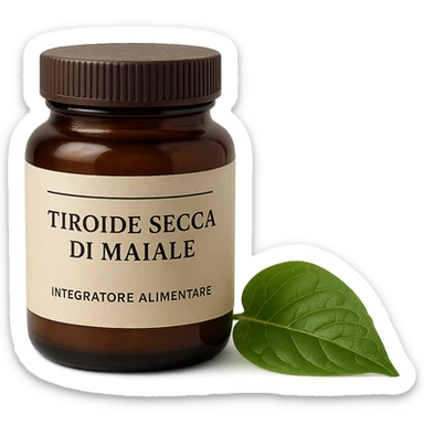 supplement jar labeled 'Tiroide Secca di Maiale' next to a green leaf suggesting natural origin, isolated on white, neutral light, hyperrealistic 4K sticker