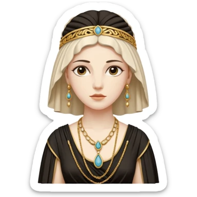 An emoji portrait of a Greek noblewoman. She wears a peplos dress with intricate folds and gold jewelry. Her expression is calm and intelligent. sticker