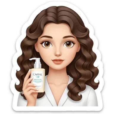 beautiful brunette with a light balayage white girl with nice curls/defined waves, very long hair, clean girl makeup APPLYING A FACE CREAM FOR SKINCARE sticker