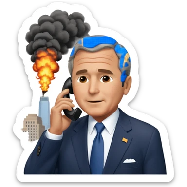  emoji of the world trade center with a plane crashed into it and george bush on a phone in front of them sticker