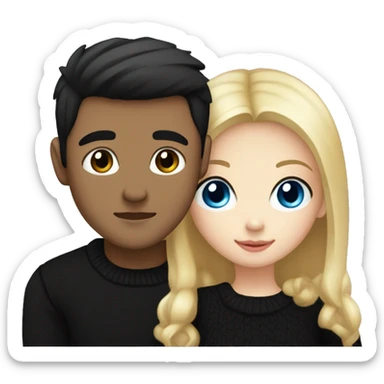 Blonde girl with blue eyes in black sweater and an east asian man with black hair and black eyes hugging sticker
