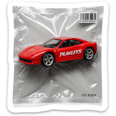 red Ferrari in Hot Wheels packaging, 'PLAVLEYS' in stylized racing script on the door, glossy vacuum-sealed style sticker