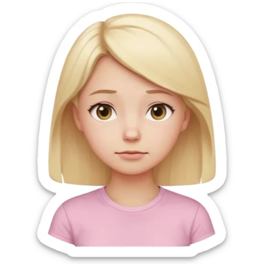 A cute emoji-style girl with light blonde hair and a soft pink t-shirt, looking thoughtfully into the distance, gentle expression, slightly furrowed brows, dreamy eyes, clean white background, simple and smooth vector-like design, pastel tones, 2D flat illustration, high clarity, emoji aesthetic sticker