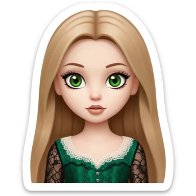 pretty bratz girl, long straight light brown hair, dark green eyes, black eyeliner, pale skin, dark girly lace clothes sticker