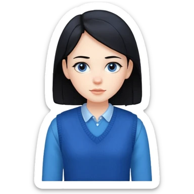 make a girl hair short black and wear bunny skin pale ok and wear Sweater vests blue and make little bit a younger sticker