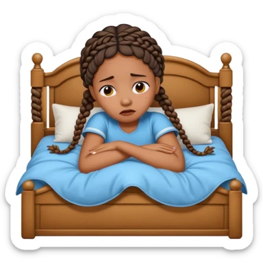 Black woman with braids in a big king size bed on one side by herself crying sticker