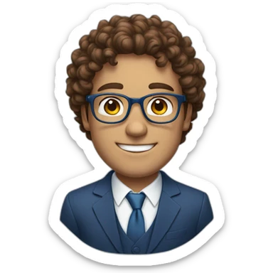Young big Business man with brown curly hair and round Glasses, smiling, blue suit, without tie sticker
