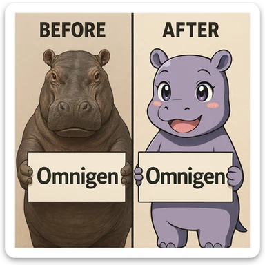 two hippo holding sign of omnigen, half picture 1 hippo is realistic another half is the anime of that same second hippo, with before after mark sticker