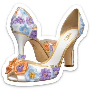 Dolce and Gabbana white high heels with colourful lavender light blue orange pink summer print and golden detais 2023 sticker