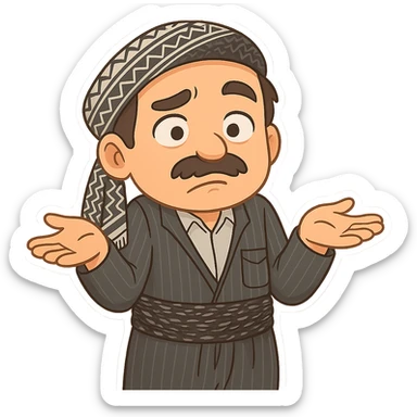 Create a colorful and cheerful cartoon sticker of a Kurdish man wearing the exact same clothes and scarf as the reference images, with no changes to the outfit or scarf. The face should have an indifferent or unsure expression with raised eyebrows and a closed or crooked mouth. Both hands are open with palms facing up, shoulders raised, and the body slightly hunched, exactly matching the pose in the reference images. The image should have no shadows or color halos around it, no text, and a completely transparent background. Suitable for WhatsApp and Instagram. sticker