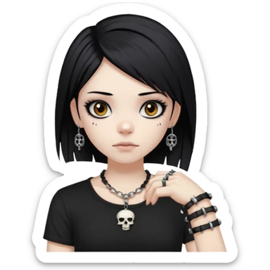 vkei styled black hair, pale skin, brown eyes with eyeliner (emo looking) and black shirt with skull and punk bracelets sticker