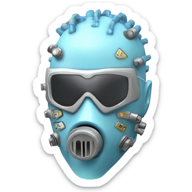 Pastel blue Mohawk cyborg head with silver respirator mask, goatee and circuits sticker