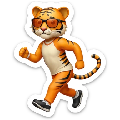 energetic anthropomorphised tiger in sports clothes, wearing dark sunglasses, walking upright sticker