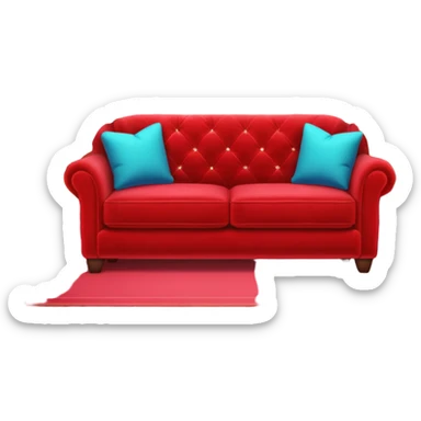 red velvet couch, mic in front, houseplants in back, and a neon sign saying "karaoke", and NO PEOPLE IN IT sticker