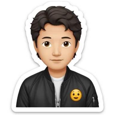 Handsome and mature Asian guy wavy hair, dressed cool in black bomber jacket, demure but with a smirk  sticker