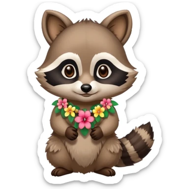 A cute chibi playful raccoon wearing a hawaiian flower necklace, looking festive. sticker