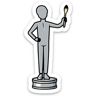 A paintbrush transforming into a silver human silhouette sculpture, symbol of artistic identity, with a gleaming silver metallic finish sticker