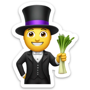 white Man holding a leek with his hands with a top hat that has a purple band sticker