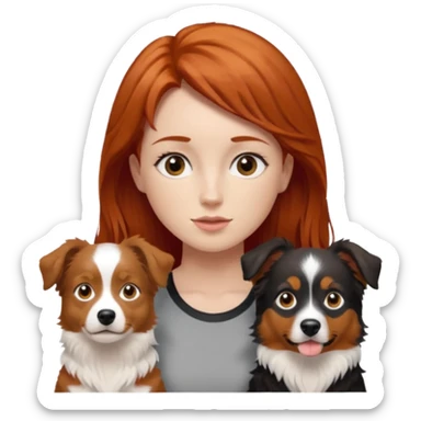 young red-haired woman with two mini Australian shepherds, brown white and black, boy larger, girl smaller and daintier, emoji style sticker
